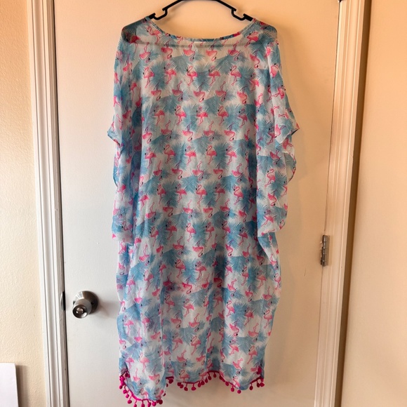 Flamingo Print Swim‎ Suit Cover Up w/ Pom Poms One Size RN 86183 - Picture 9 of 10